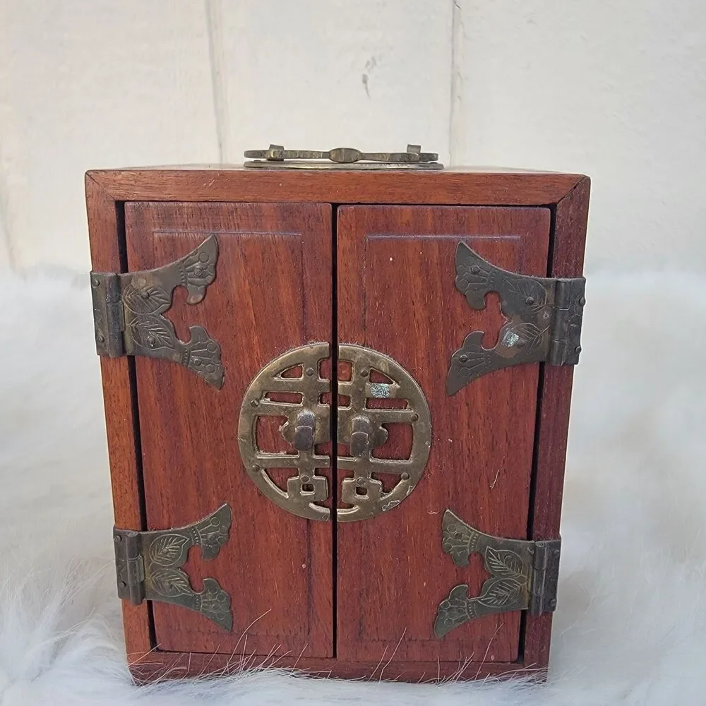 Vintage  Rosewood  Asian wood & brass 3 drawer silk lined Jewelry box